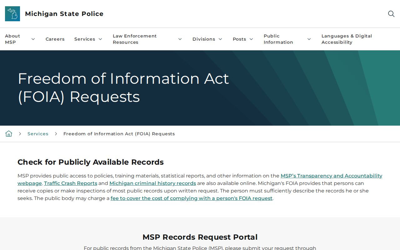 Michigan State Police FOIA channel for Arenac County arrest records