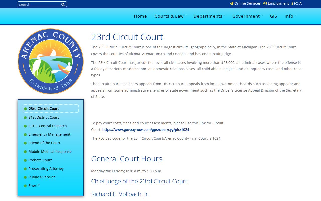 Arenac County criminal court case page for the 23rd Circuit Court