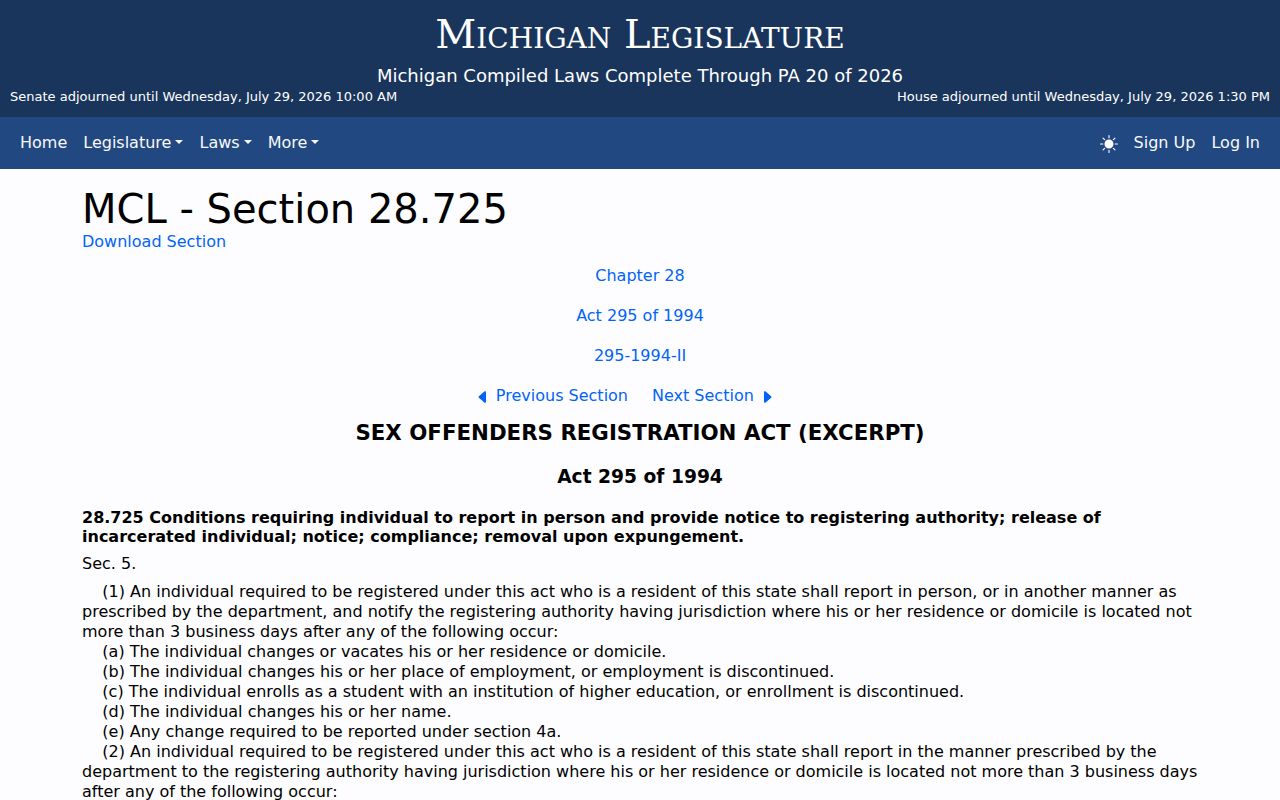 Arenac County sex offender registry duration law under MCL 28.725