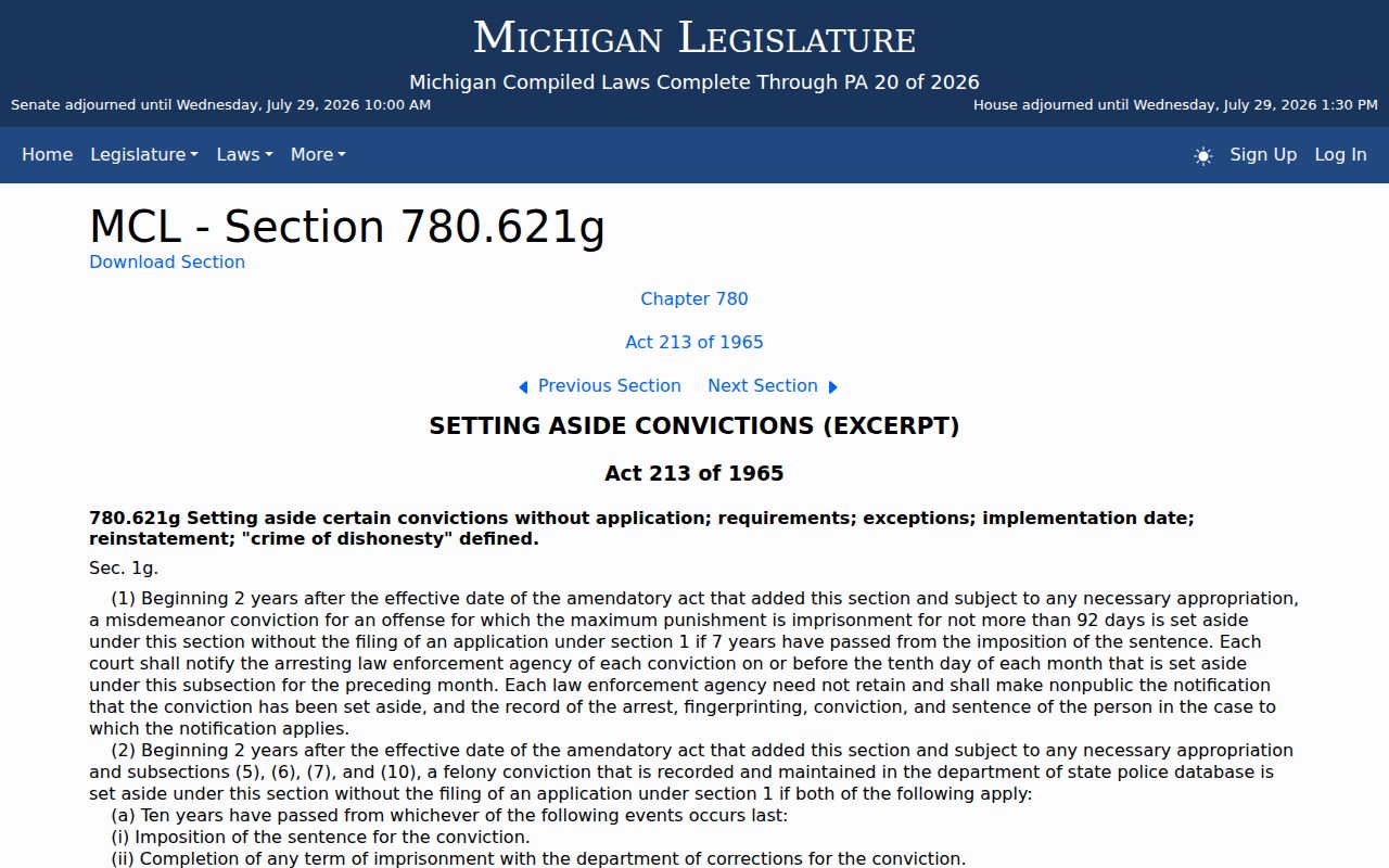 Michigan automatic set-aside statute relevant to eligible Omer convictions