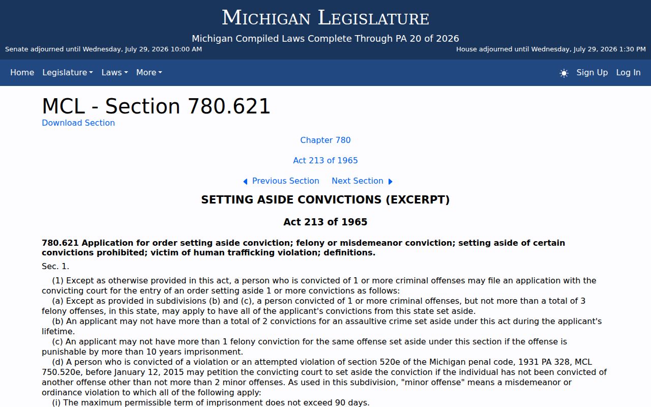 Michigan conviction set-aside law used for qualifying Omer court records