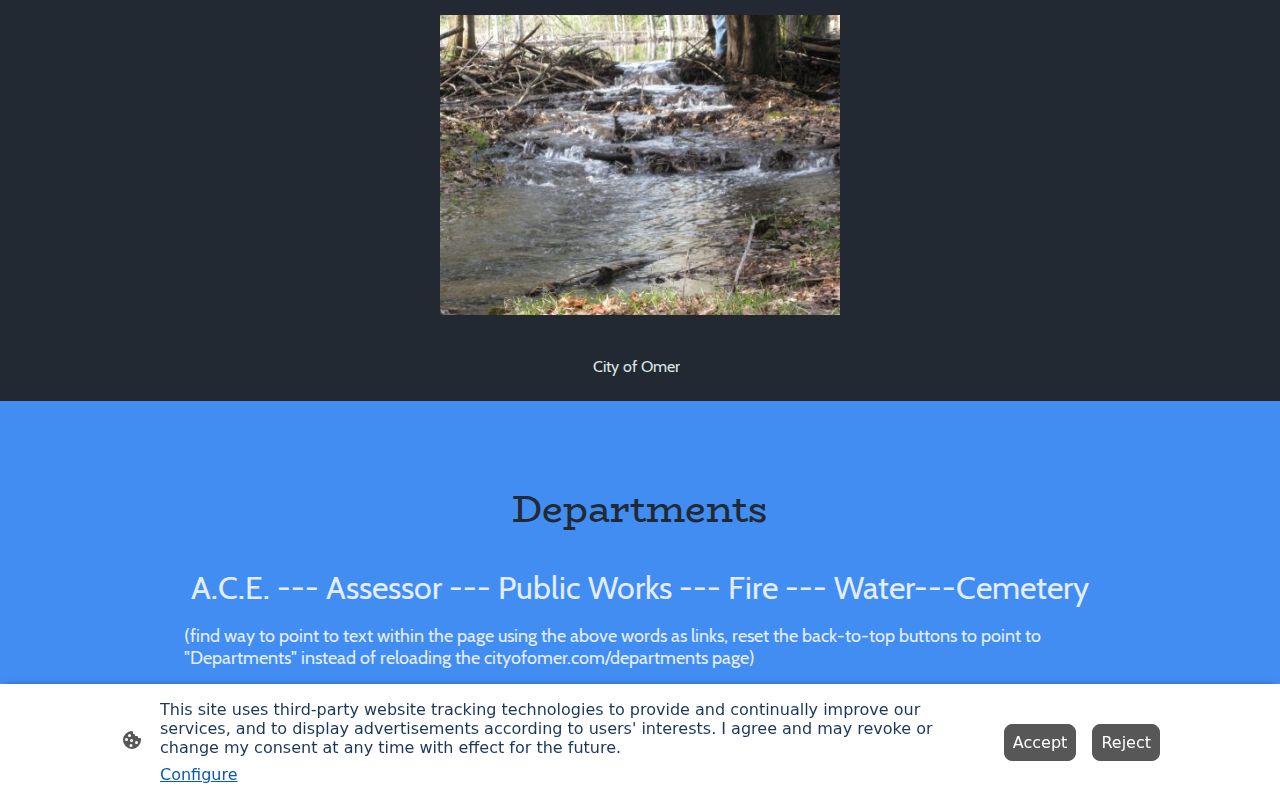 Omer departments page showing the published municipal departments and no listed police department