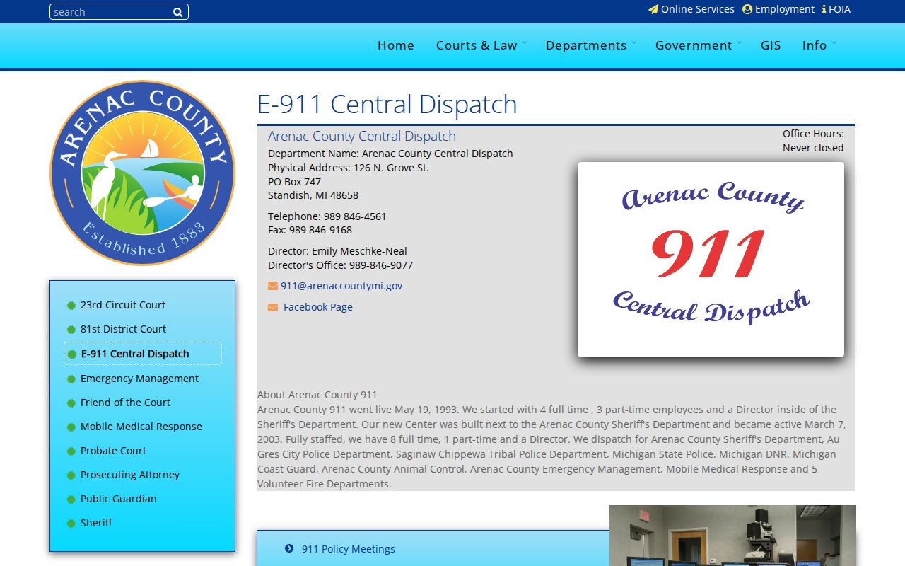 Arenac E-911 Central Dispatch page for Standish call and CAD record routing