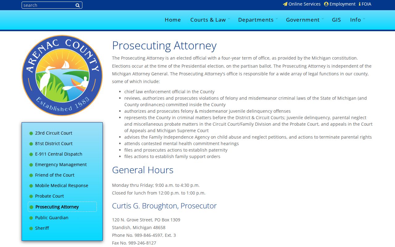 Arenac Prosecuting Attorney page for criminal charges filed from Standish events