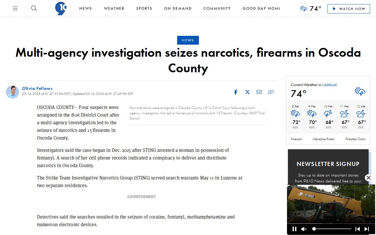 Regional STING investigation coverage illustrating split record custody near Standish